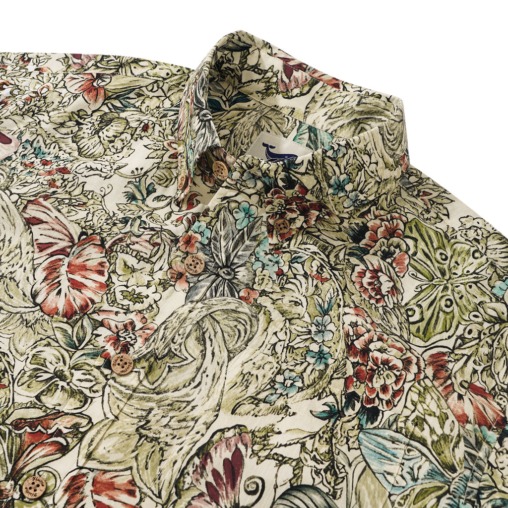 Men's Hawaiian Shirt Short Sleeve Button-down 100% Cotton Green Aloha Floral Butterfly By Yeti