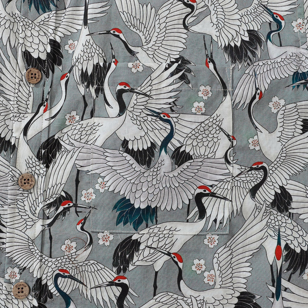 Men's Hawaiian Shirt Short Sleeve Button-down 100% Cotton Gray Aloha The Feast Of Cranes By Seven