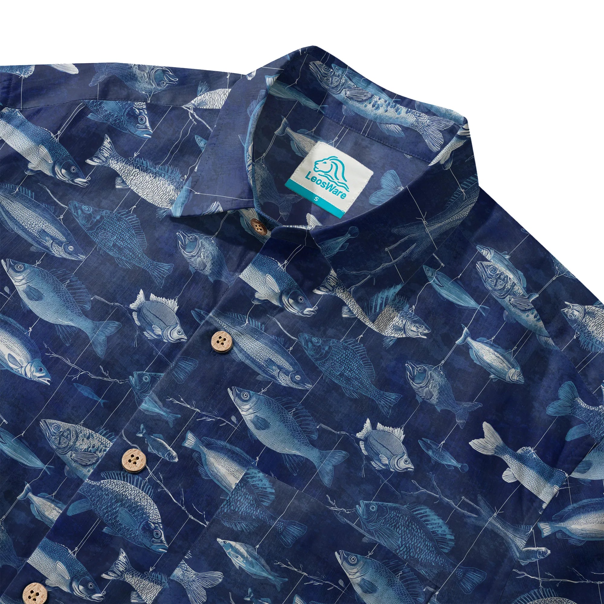 LeosWare® Men's Hawaiian Shirt Short Sleeve Button-up 100% Cotton Blue Aloha Blue Jazz Hanging Fish Pattern By Ann