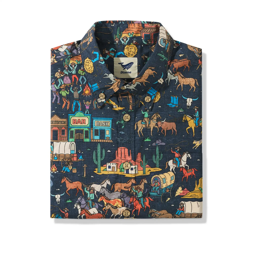 Men's Hawaiian Shirt Short Sleeve Button-down 100% Cotton Blue Aloha Vintage Denim Frontier Town By Huan huan