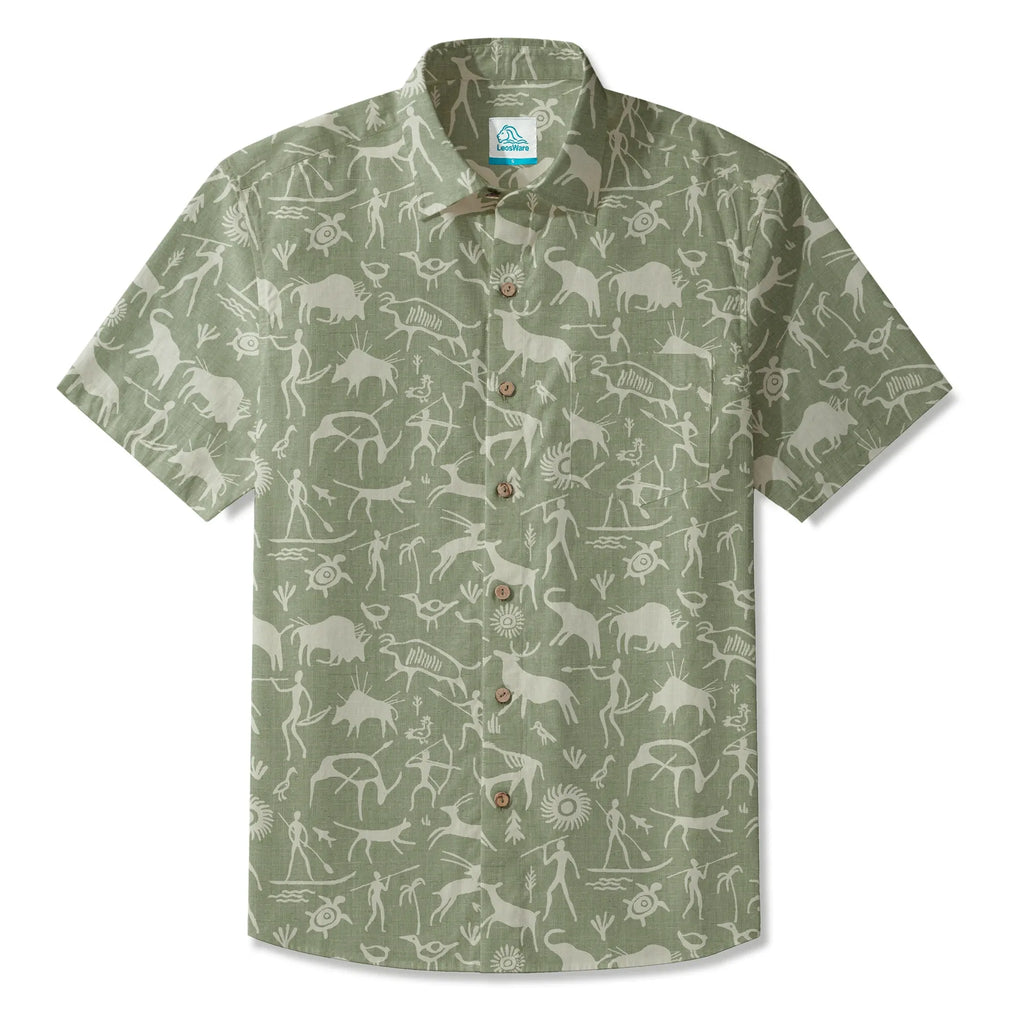 LeosWare® Men's Hawaiian Shirt Short Sleeve Button-up 100% Cotton Green Aloha Sage Green Tribal Rock Painting By Huan huan