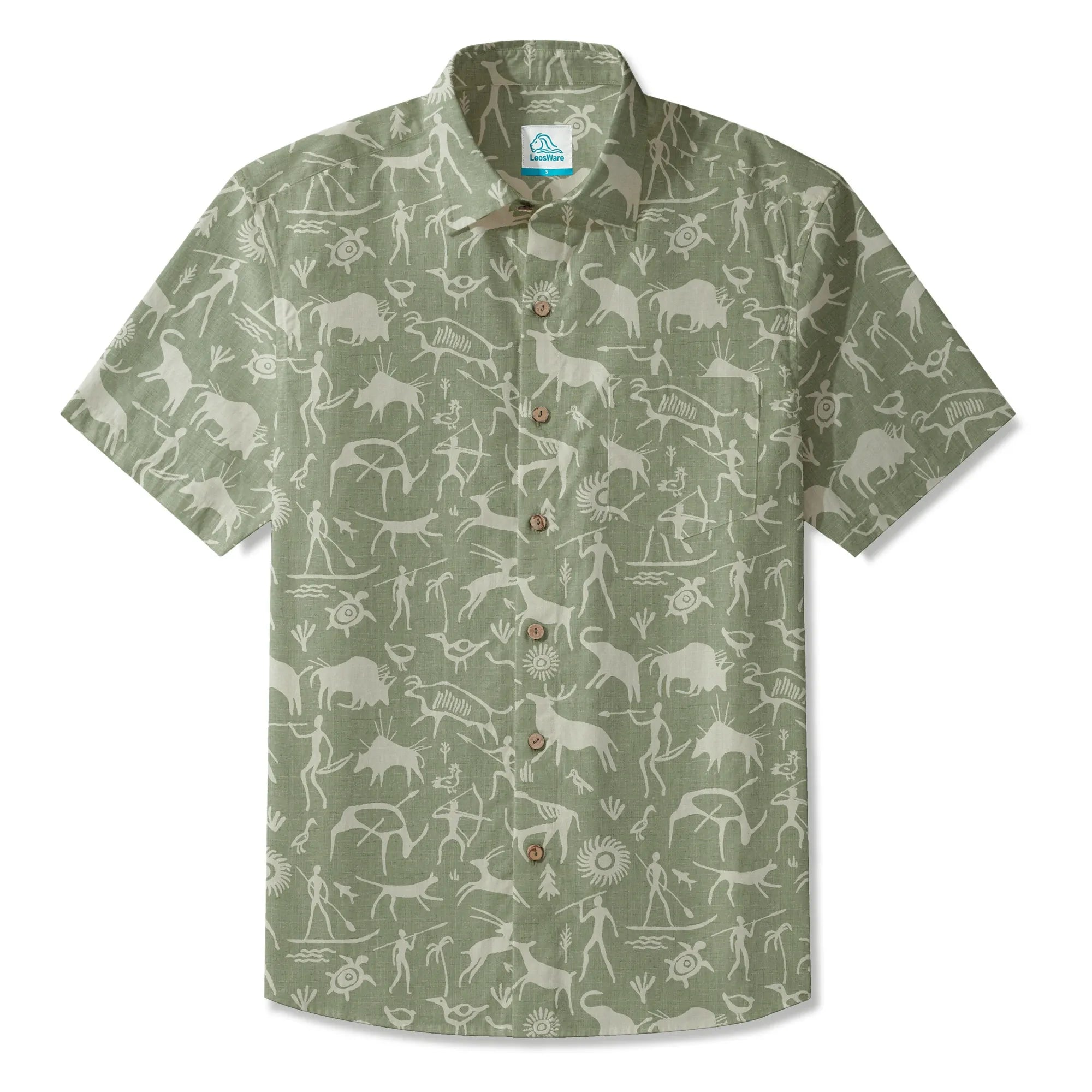 LeosWare® Men's Hawaiian Shirt Short Sleeve Button-up 100% Cotton Green Aloha Sage Green Tribal Rock Painting By Huan huan