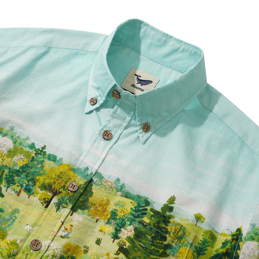 Men's Hawaiian Shirt Short Sleeve Button-down 100% Cotton Green Aloha Daisy Meadow Picnic By Cigar