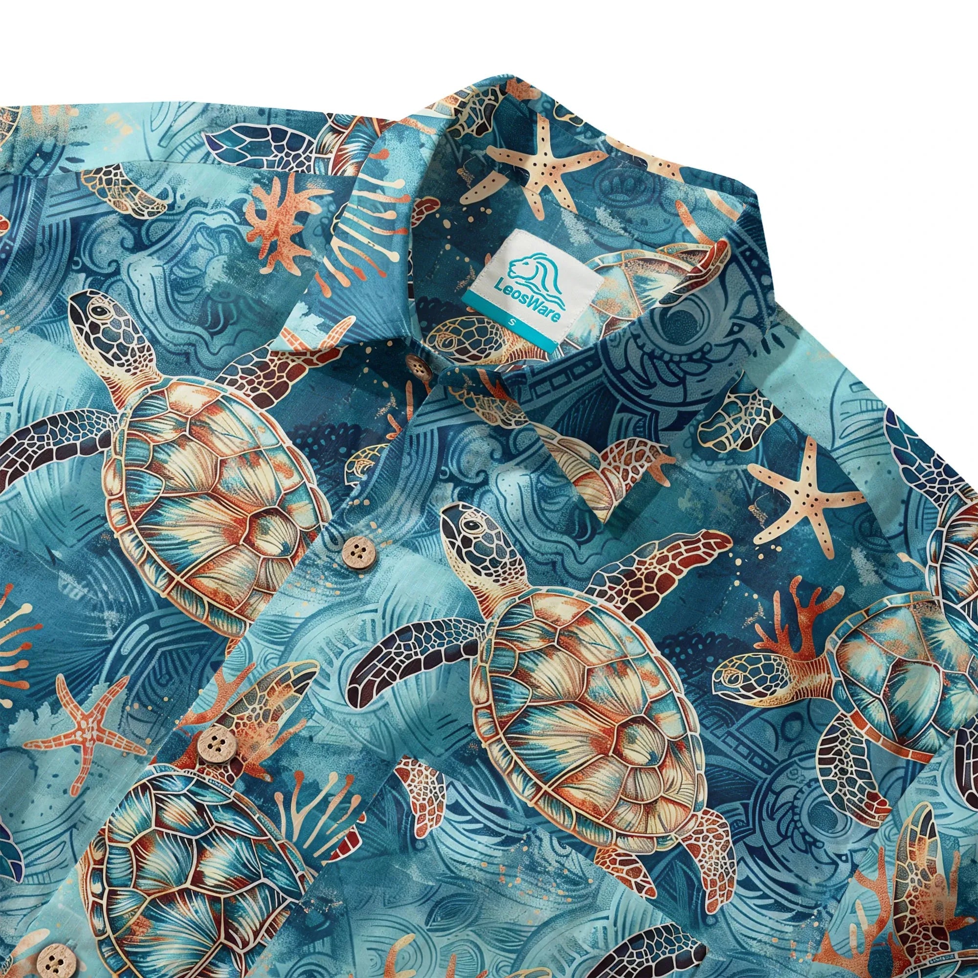 Chemise hawaïenne pour homme LeosWare® à manches courtes avec boutons 100 % coton bleu Aloha tortue dorée mer par Ann