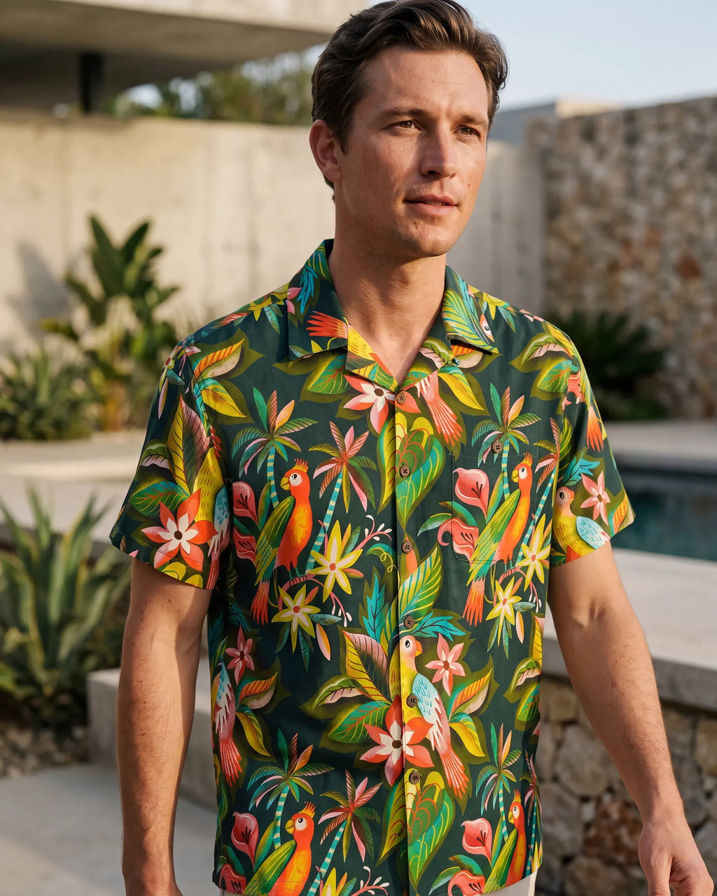 Men's Hawaiian Shirt Short Sleeve Camp Collar 100% Cotton Green Aloha Parrots In The Jungle By Uta Krogmann