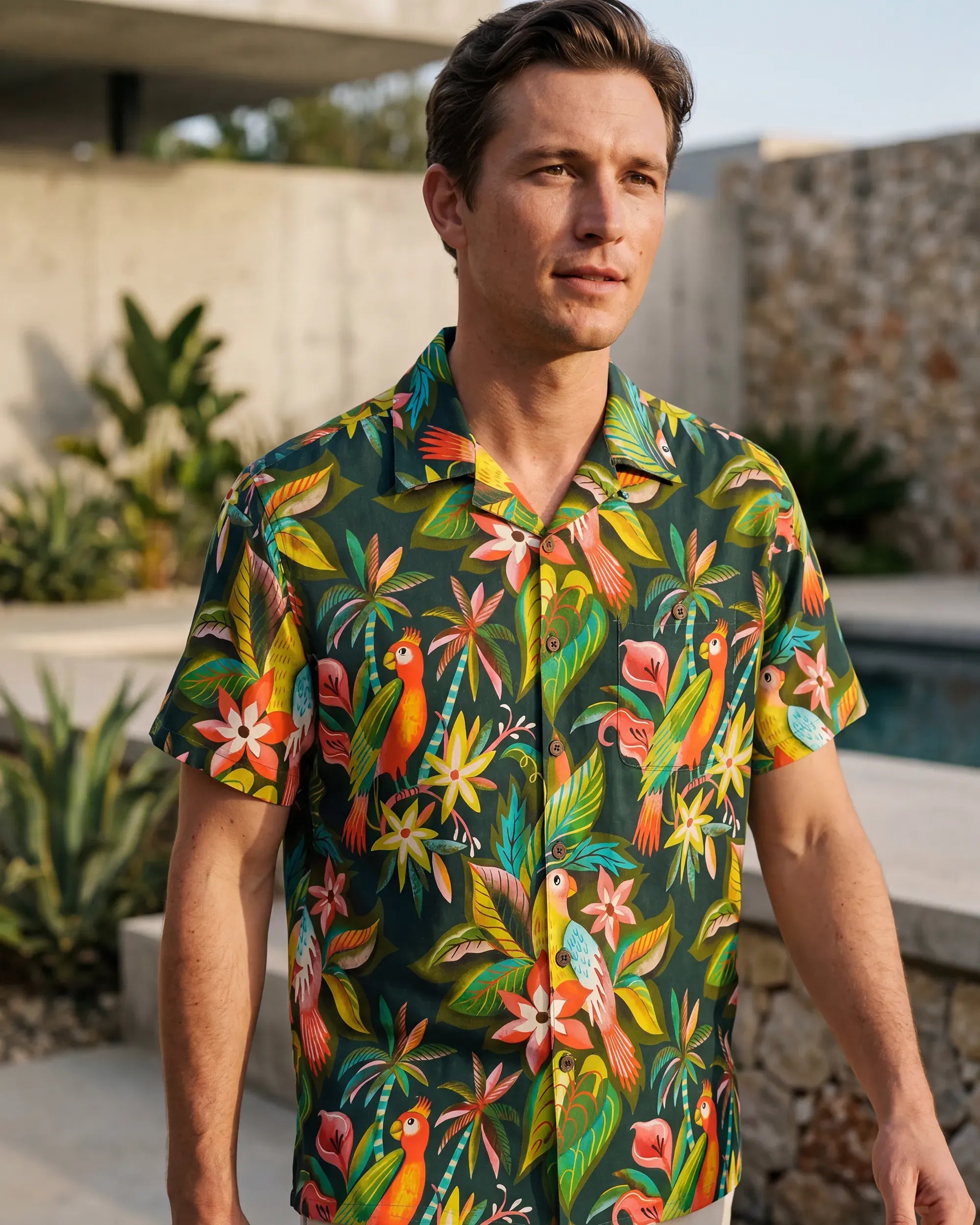 Men's Hawaiian Shirt Short Sleeve Camp Collar 100% Cotton Green Aloha Parrots In The Jungle By Uta Krogmann