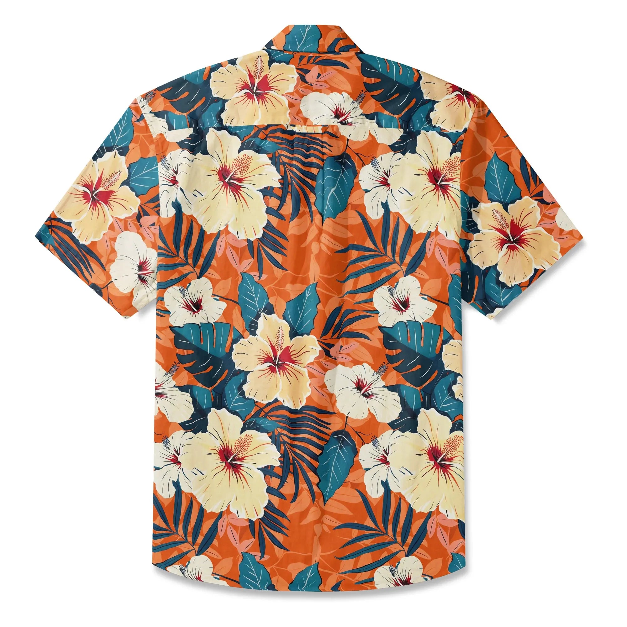 LeosWare® Men's Hawaiian Shirt Short Sleeve Button-up 100% Cotton Orange Aloha Blooming Orange Hibiscus By Ann