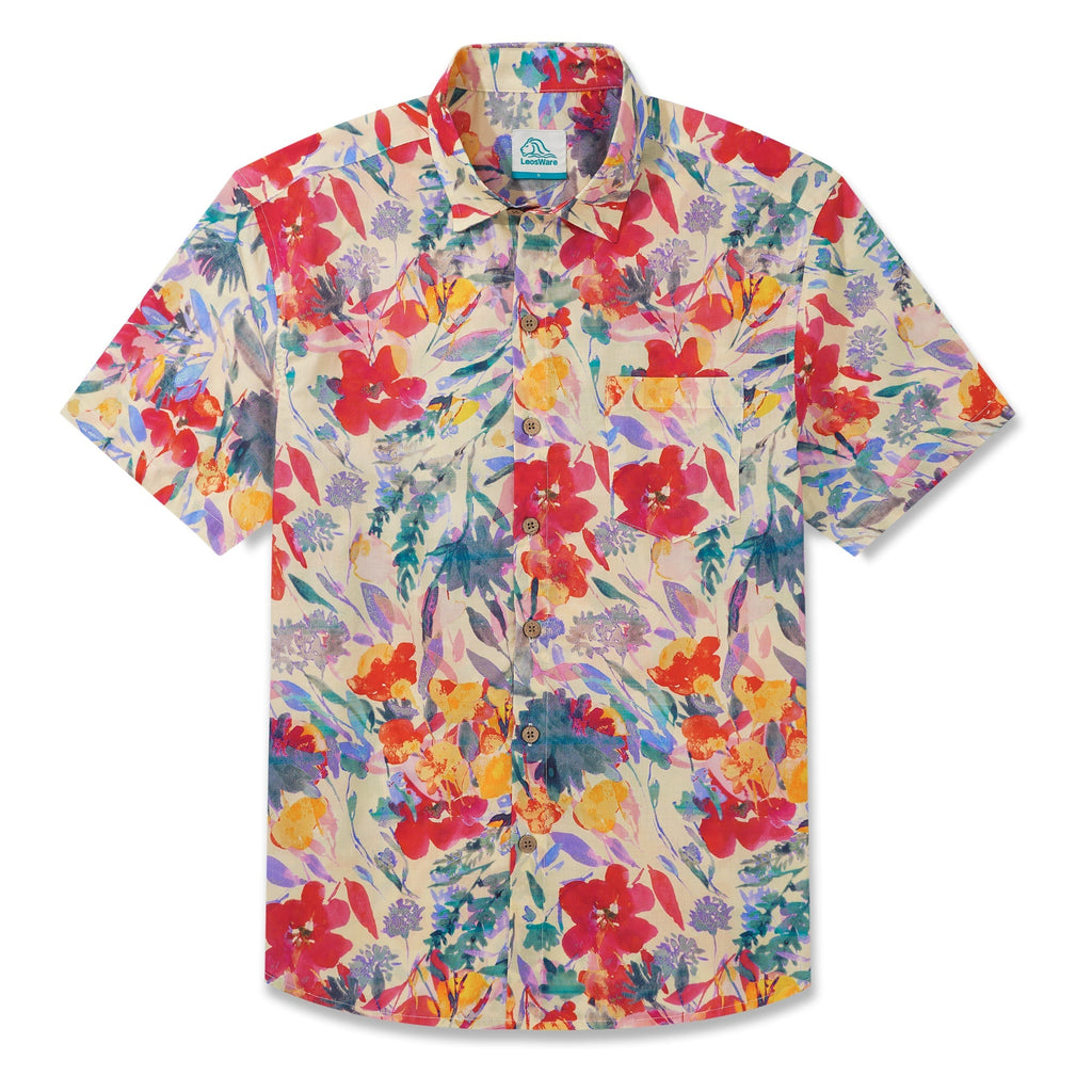 LeosWare® Men's Hawaiian Shirt Short Sleeve Button-up 100% Cotton Red Aloha Spring Floral Illustration By Ethan