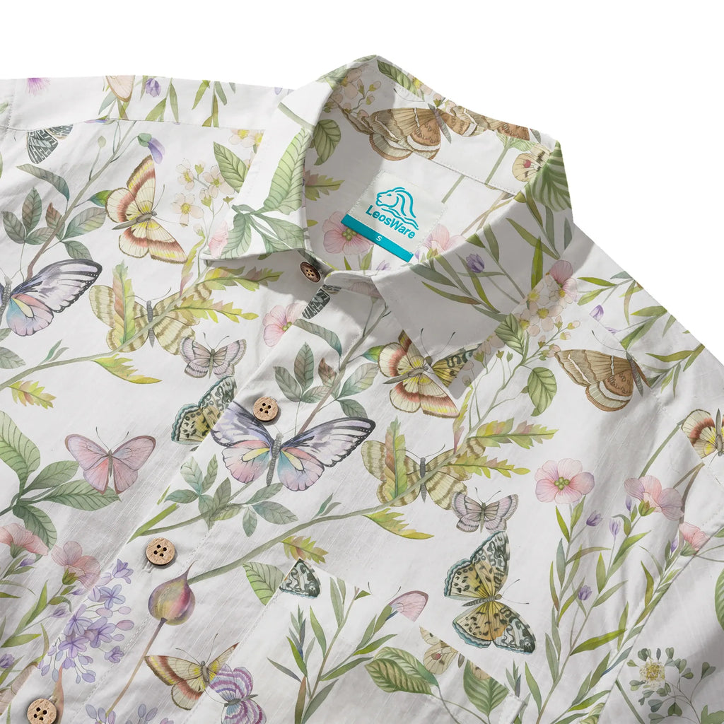 LeosWare® Men's Hawaiian Shirt Short Sleeve Button-up 100% Cotton Green Aloha Butterfly And Floral Fantasy By Huan huan
