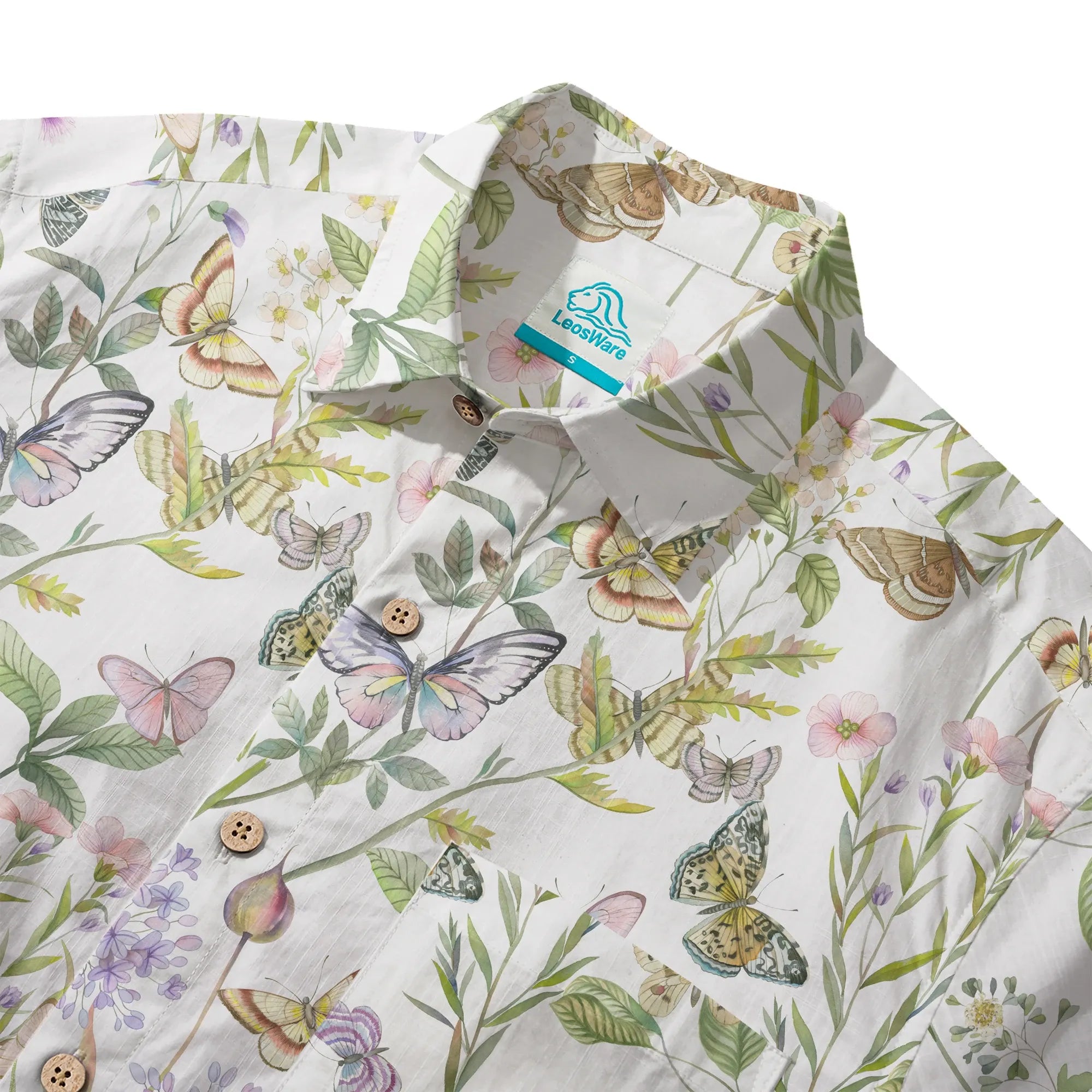 LeosWare® Men's Hawaiian Shirt Short Sleeve Button-up 100% Cotton Green Aloha Butterfly And Floral Fantasy By Huan huan