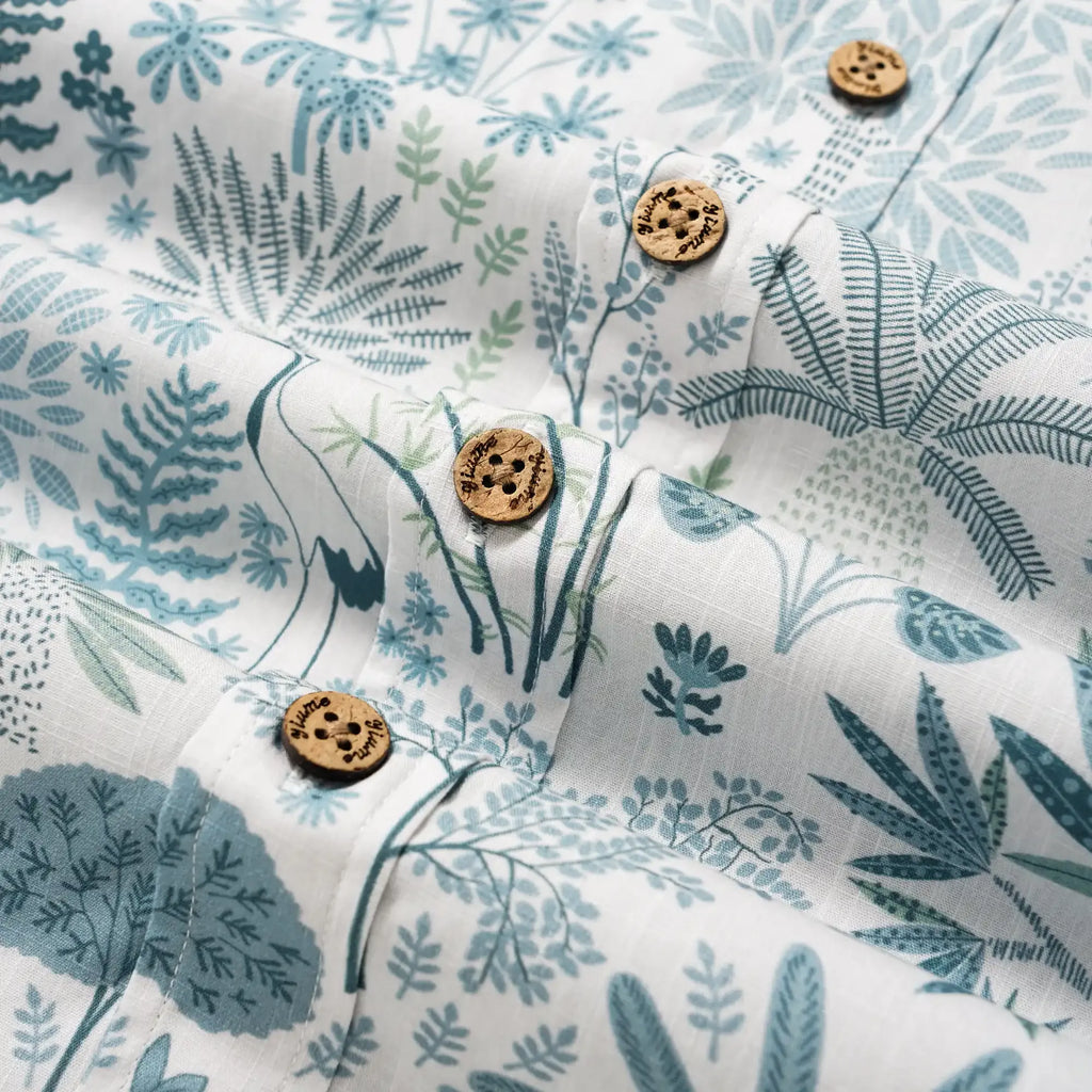 Men's Hawaiian Shirt Short Sleeve Button-down 100% Cotton Blue Aloha Whispering Forest Tales By Cigar
