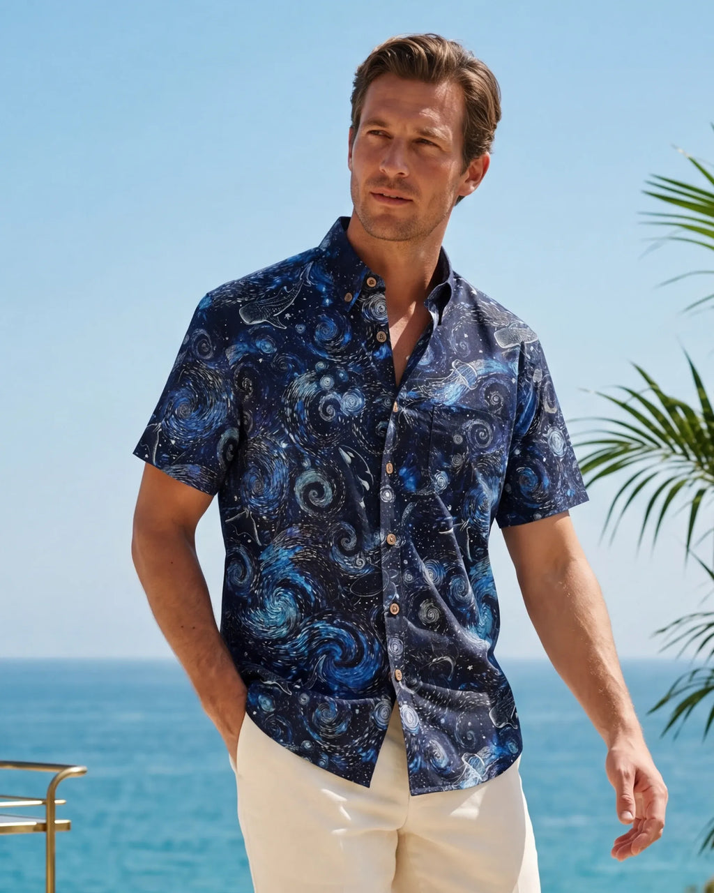 Men's Hawaiian Shirt Short Sleeve Button-down 100% Cotton Blue Aloha Dreams Of The Starry Sea Jellyfish Whale By Mo