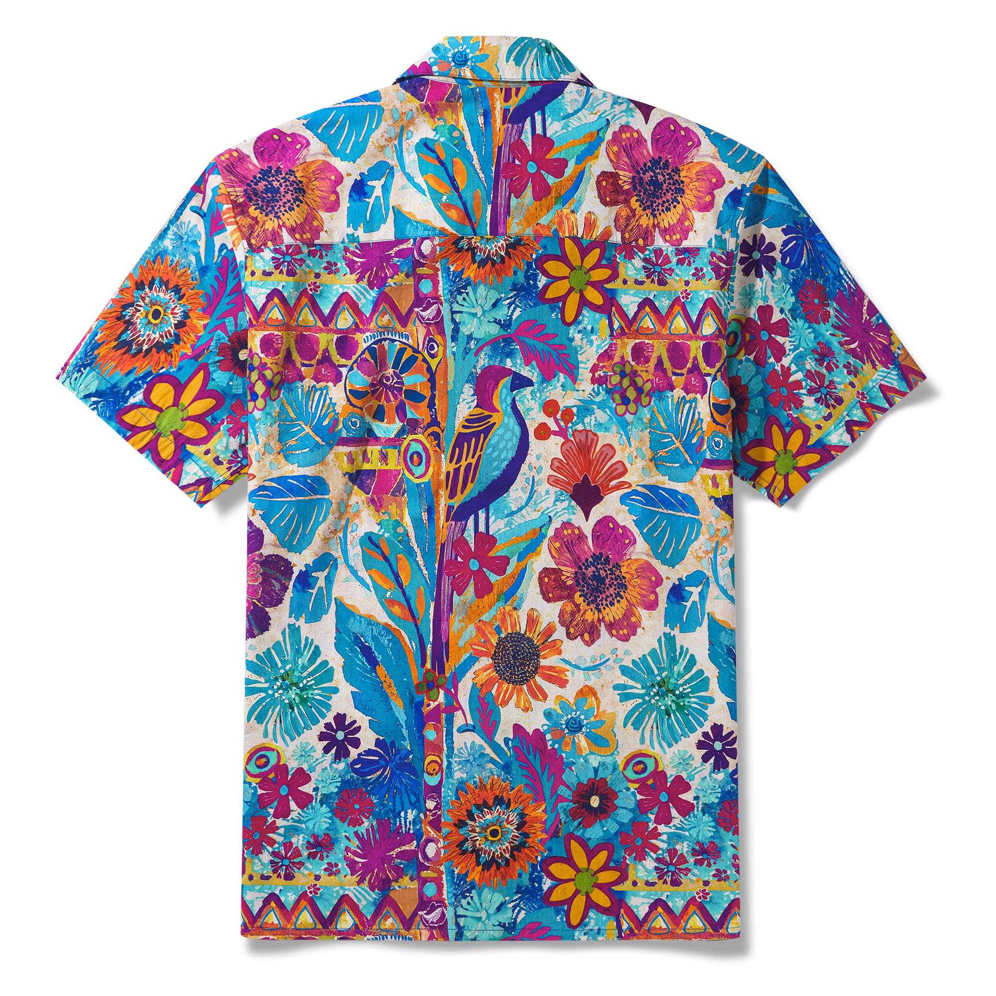 Tropical Hawaiian Shirt 100% Cotton Men's Short Sleeve Camp Collar Blue Aloha Shirt Tropical Wonder Painted Shirt Mexican Style By Mo
