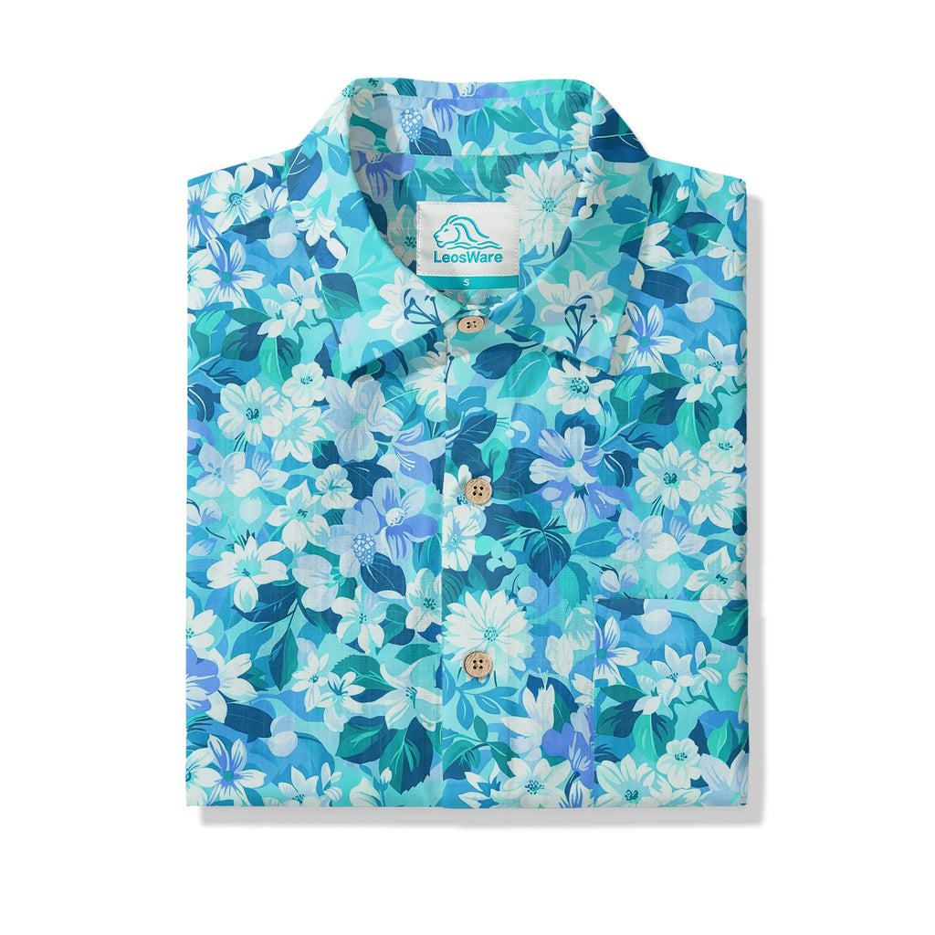LeosWare® Flower Men's Hawaiian Shirt Short Sleeve Button-up 100% Cotton Blue Aloha Blue Oasis By Ann