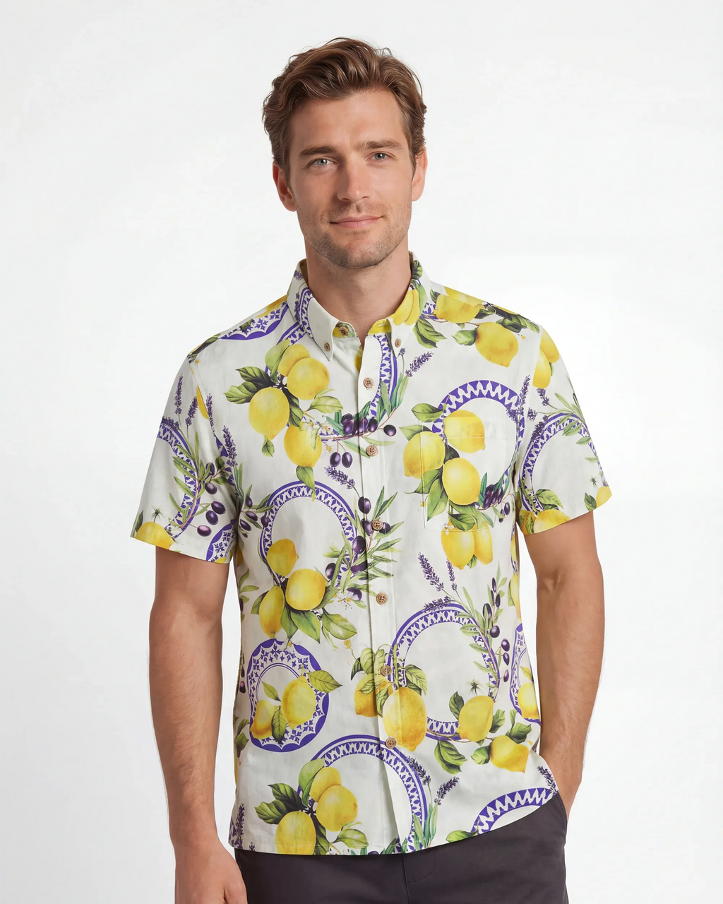 Men's Hawaiian Shirt Short Sleeve Button-down 100% Cotton Yellow Aloha Lemon, Olive, And Lavender Harmony Symphony By Huan huan