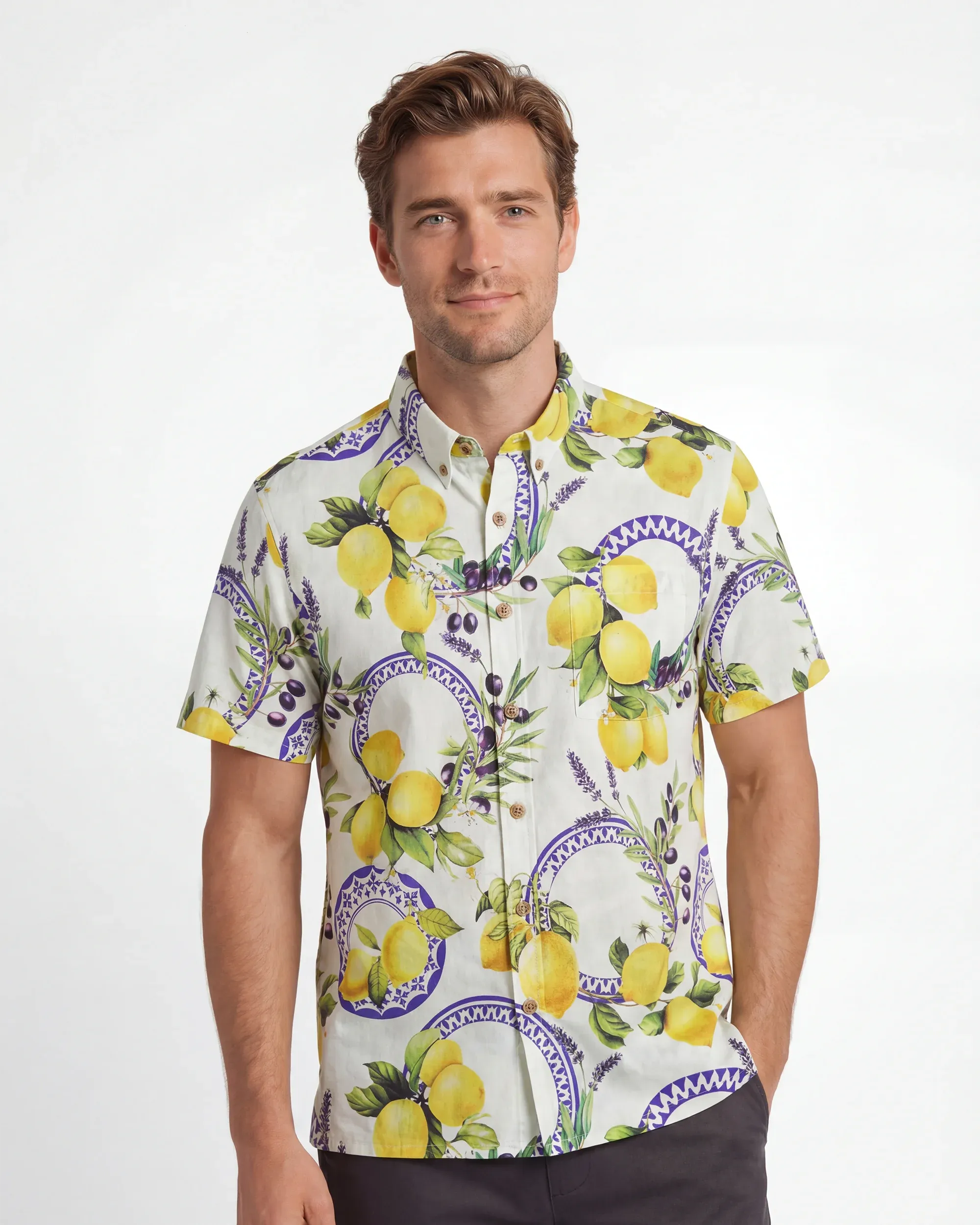 Men's Hawaiian Shirt Short Sleeve Button-down 100% Cotton Yellow Aloha Lemon, Olive, And Lavender Harmony Symphony By Huan huan