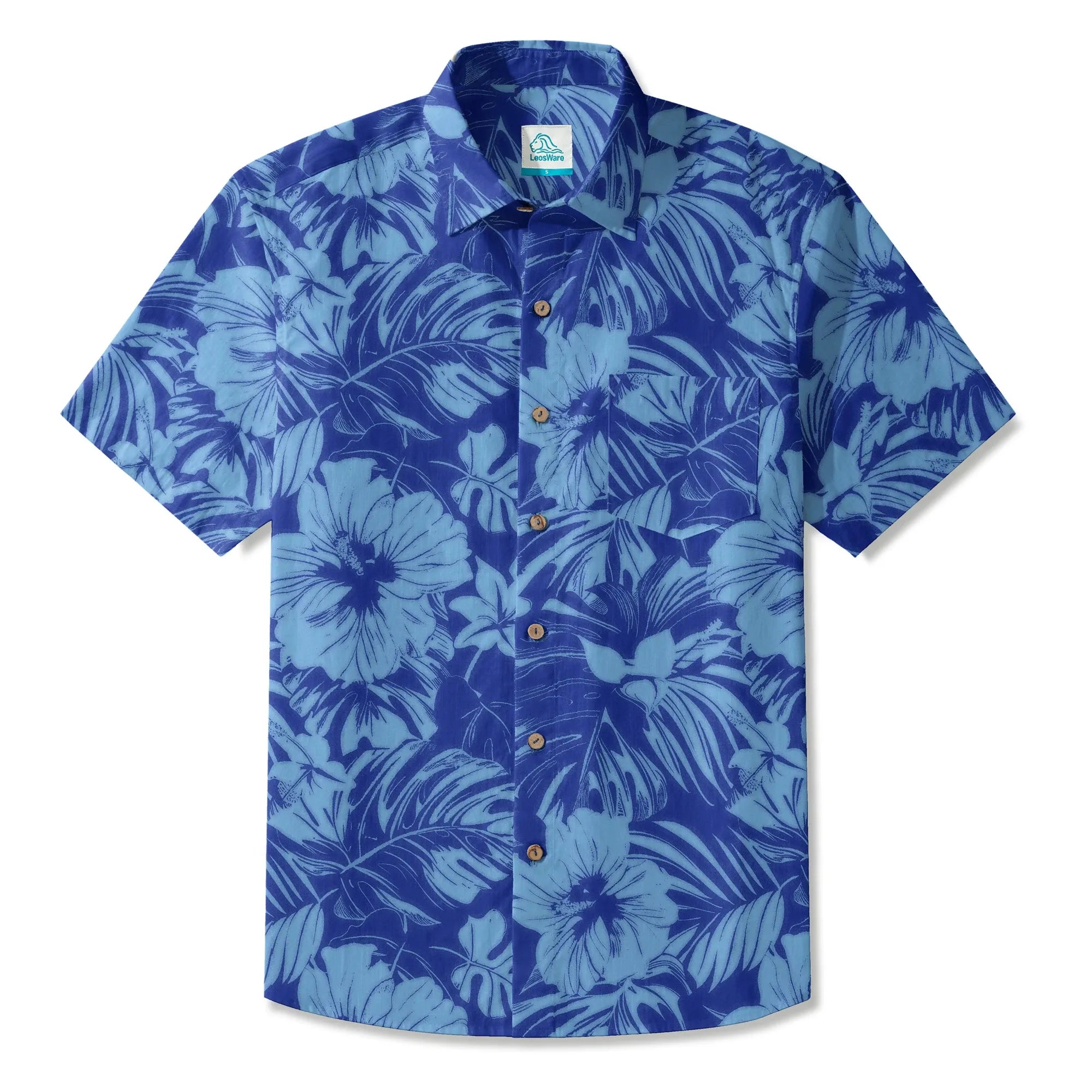LeosWare® Hibiscus Flower Men's Hawaiian Shirt Short Sleeve Button-up 100% Cotton Blue Aloha Blue Serenity By Ann