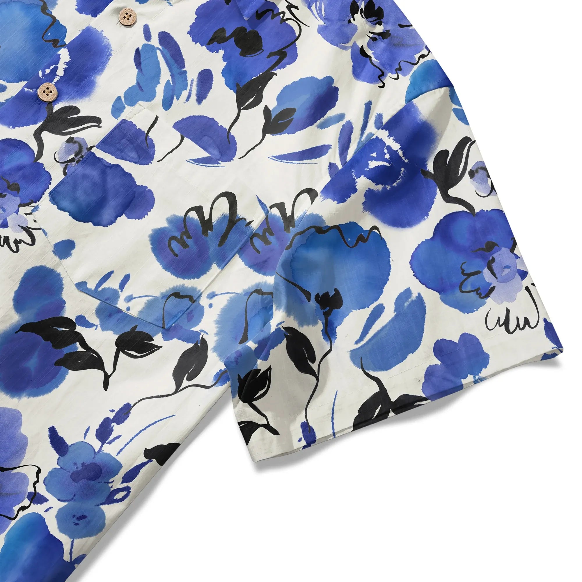 LeosWare® Men's Hawaiian Shirt Short Sleeve Button-up 100% Cotton Blue Aloha Ink Blue Florals By Huan huan