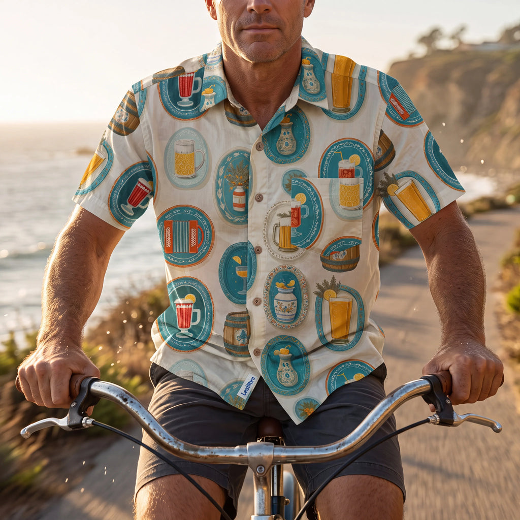 LeosWare® Men's Hawaiian Shirt Short Sleeve Button-up 100% Cotton Aloha Beer Festival Keepsake Plate By Ann