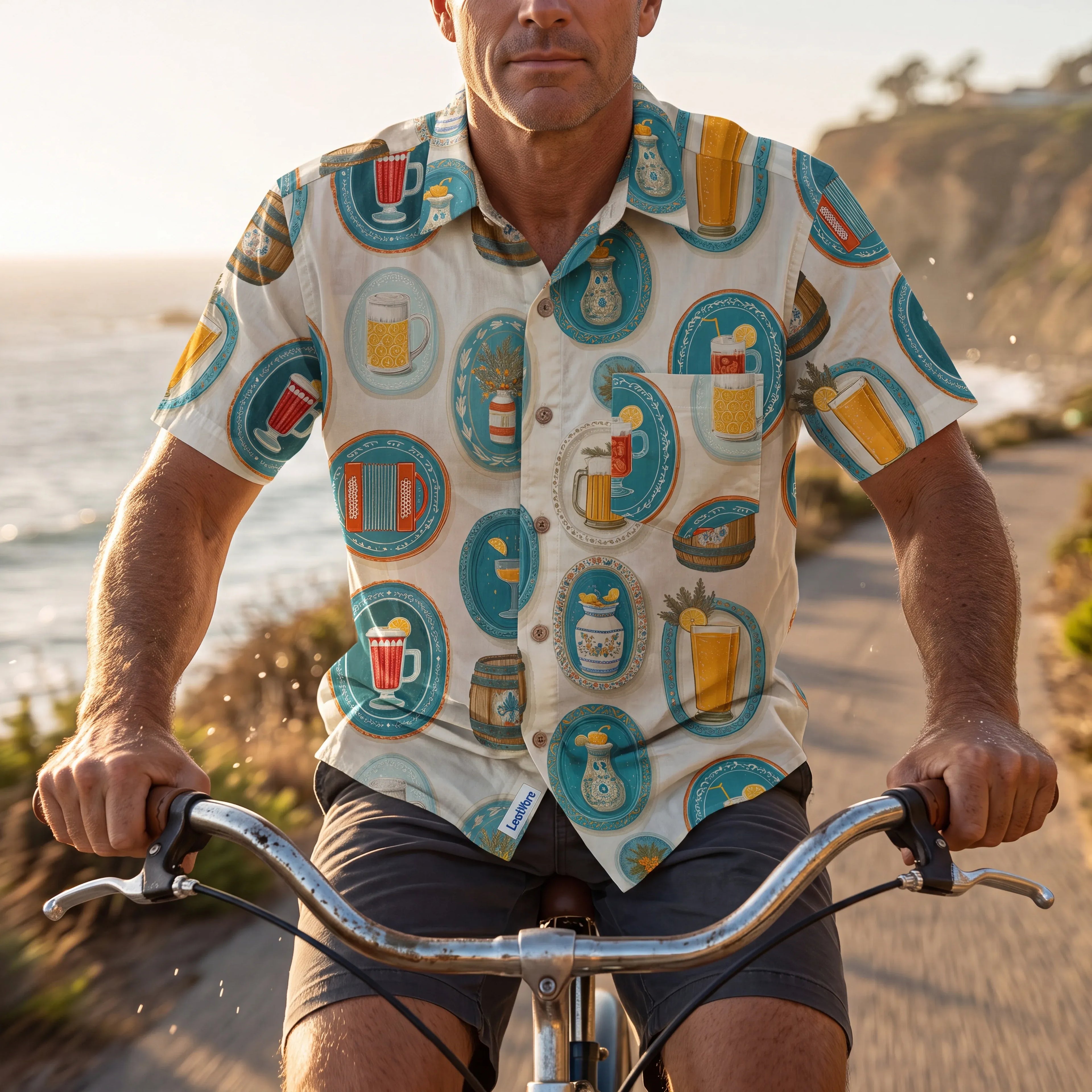 LeosWare® Men's Hawaiian Shirt Short Sleeve Button-up 100% Cotton Aloha Beer Festival Keepsake Plate By Ann
