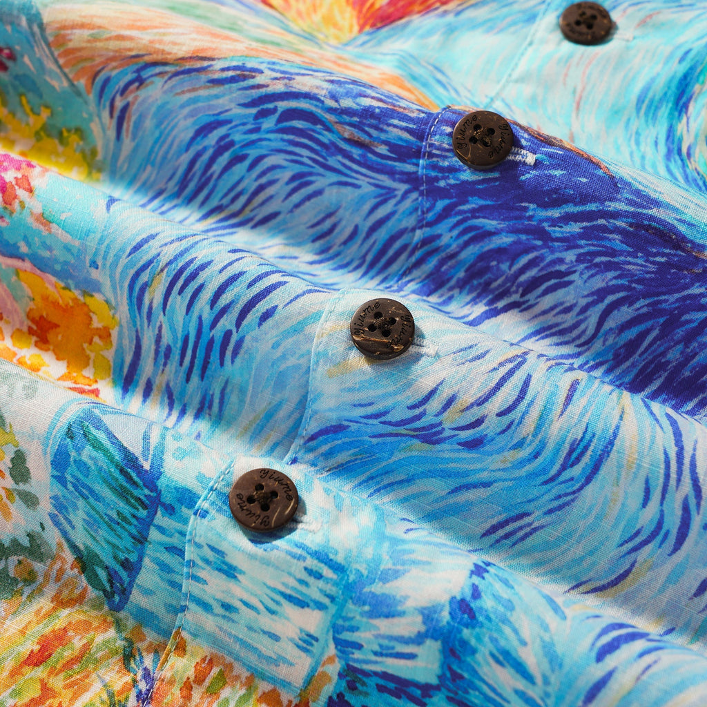 Men's Hawaiian Shirt Short Sleeve Camp Collar 100% Cotton Blue Aloha Vision in the Starry Night By Sylvia