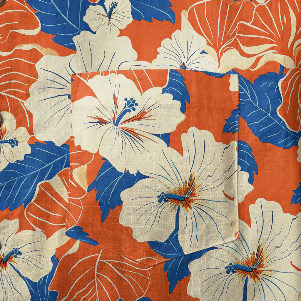 LeosWare® Men's Hawaiian Shirt Short Sleeve Button-up 100% Cotton Orange Aloha Orange Blue Hibiscus Whispers By Ann