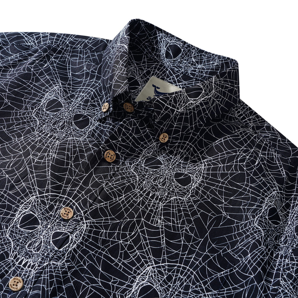 Men's Hawaiian Shirt Short Sleeve Button-down 100% Cotton Black Aloha Gothic Skull Spider Web By Mystic Hearts By Alejandra Valenzuela