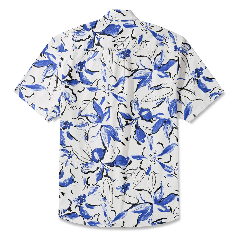 LeosWare® Men's Hawaiian Shirt Short Sleeve Button-up 100% Cotton Blue Aloha Indigo Blossoms Brushstroke By Huan huan