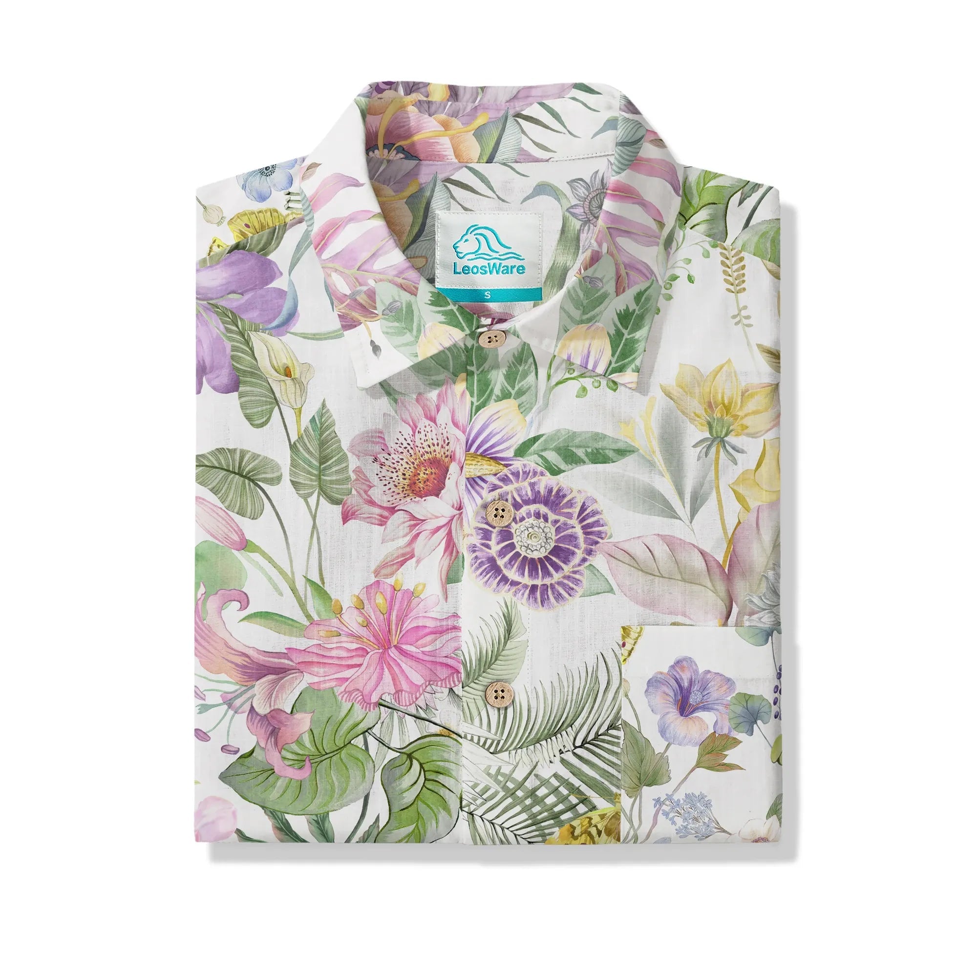 LeosWare® Chemise hawaïenne pour homme à manches courtes, boutonnée, 100% coton, Aloha Symphonie de Vitalité, Bouquet Floral par Huan huan