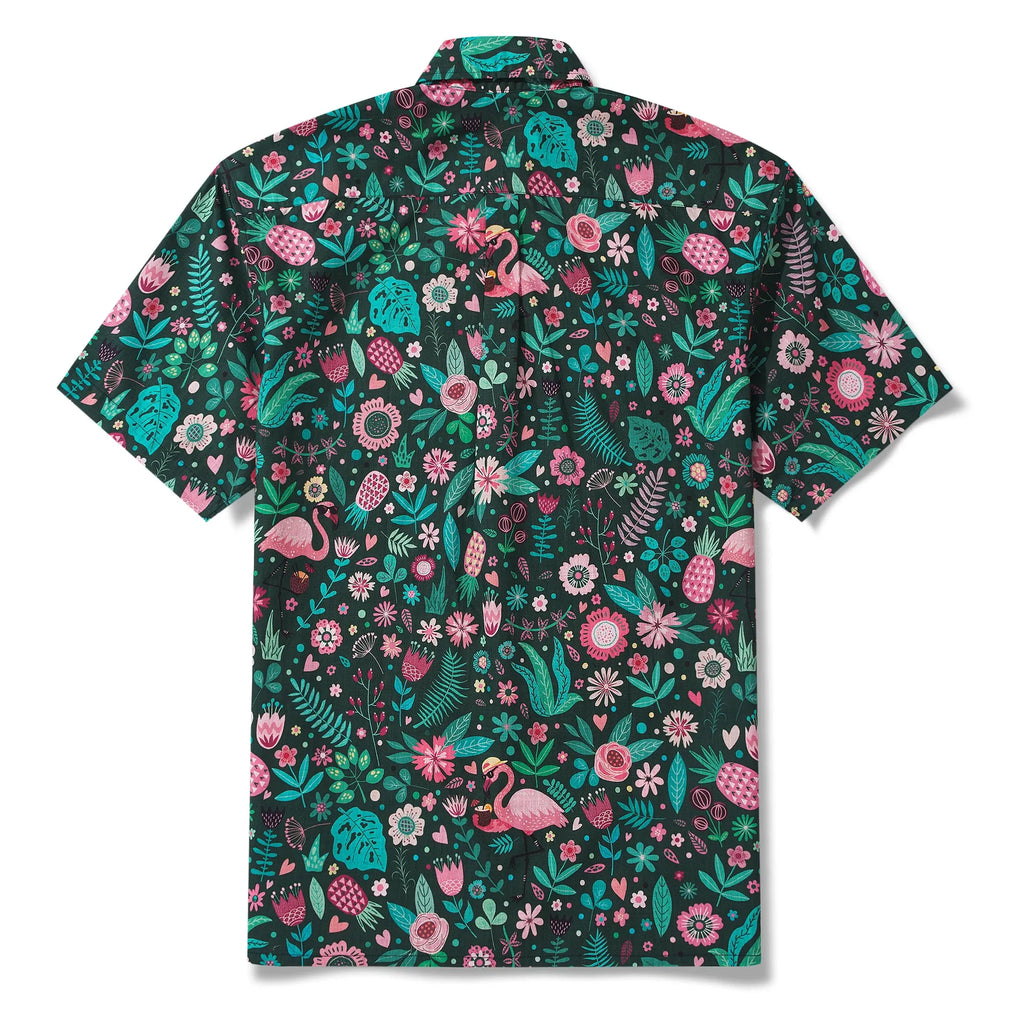 Men's Hawaiian Shirt Short Sleeve Button-down 100% Cotton Green Aloha Blush in the Jungle Flamingo By Cigar