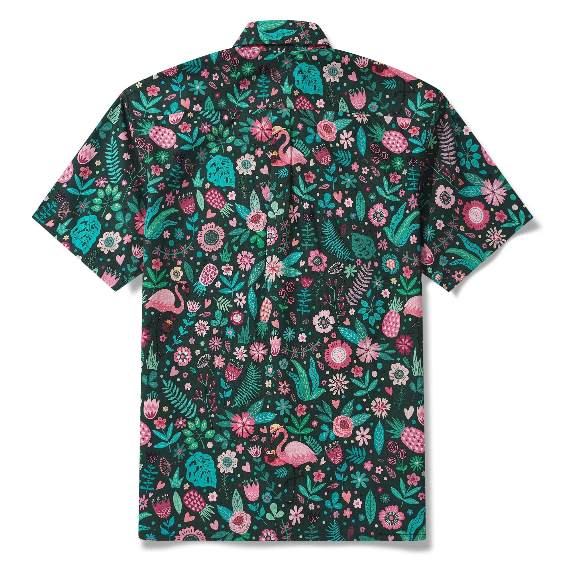 Men's Hawaiian Shirt Short Sleeve Button-down 100% Cotton Green Aloha Blush in the Jungle Flamingo By Cigar