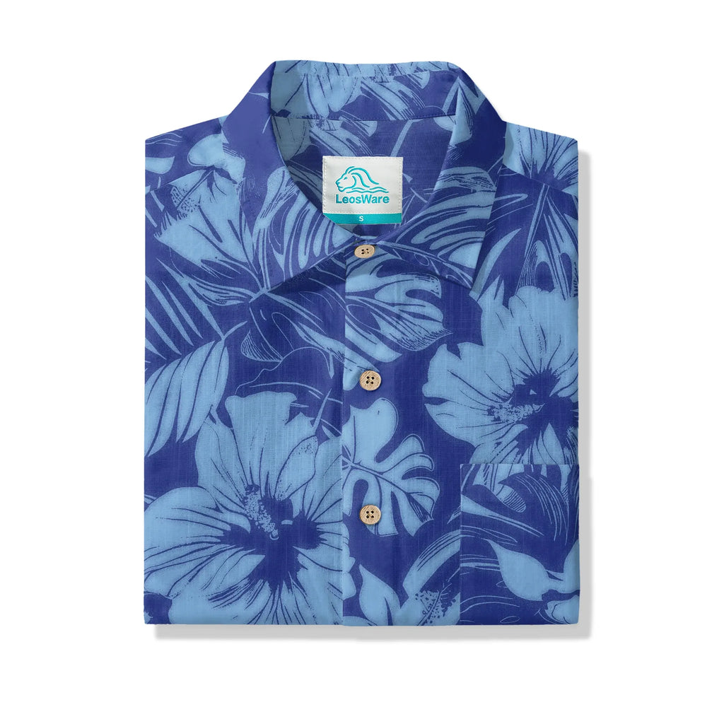 LeosWare® Hibiscus Flower Men's Hawaiian Shirt Short Sleeve Button-up 100% Cotton Blue Aloha Blue Serenity By Ann