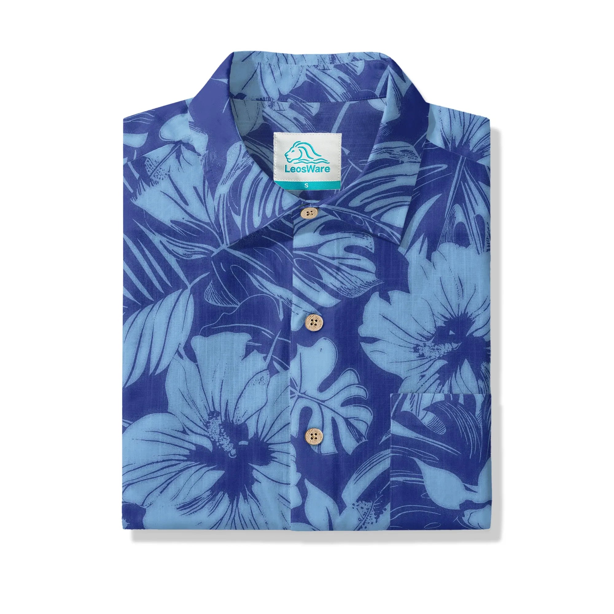LeosWare® Hibiscus Flower Men's Hawaiian Shirt Short Sleeve Button-up 100% Cotton Blue Aloha Blue Serenity By Ann