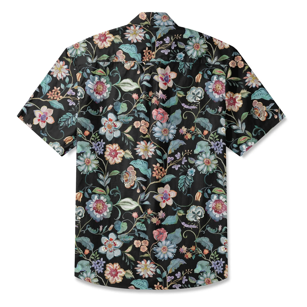 LeosWare® Men's Hawaiian Shirt Short Sleeve Button-up 100% Cotton Blue Aloha Black Garden Splendor By Huan huan