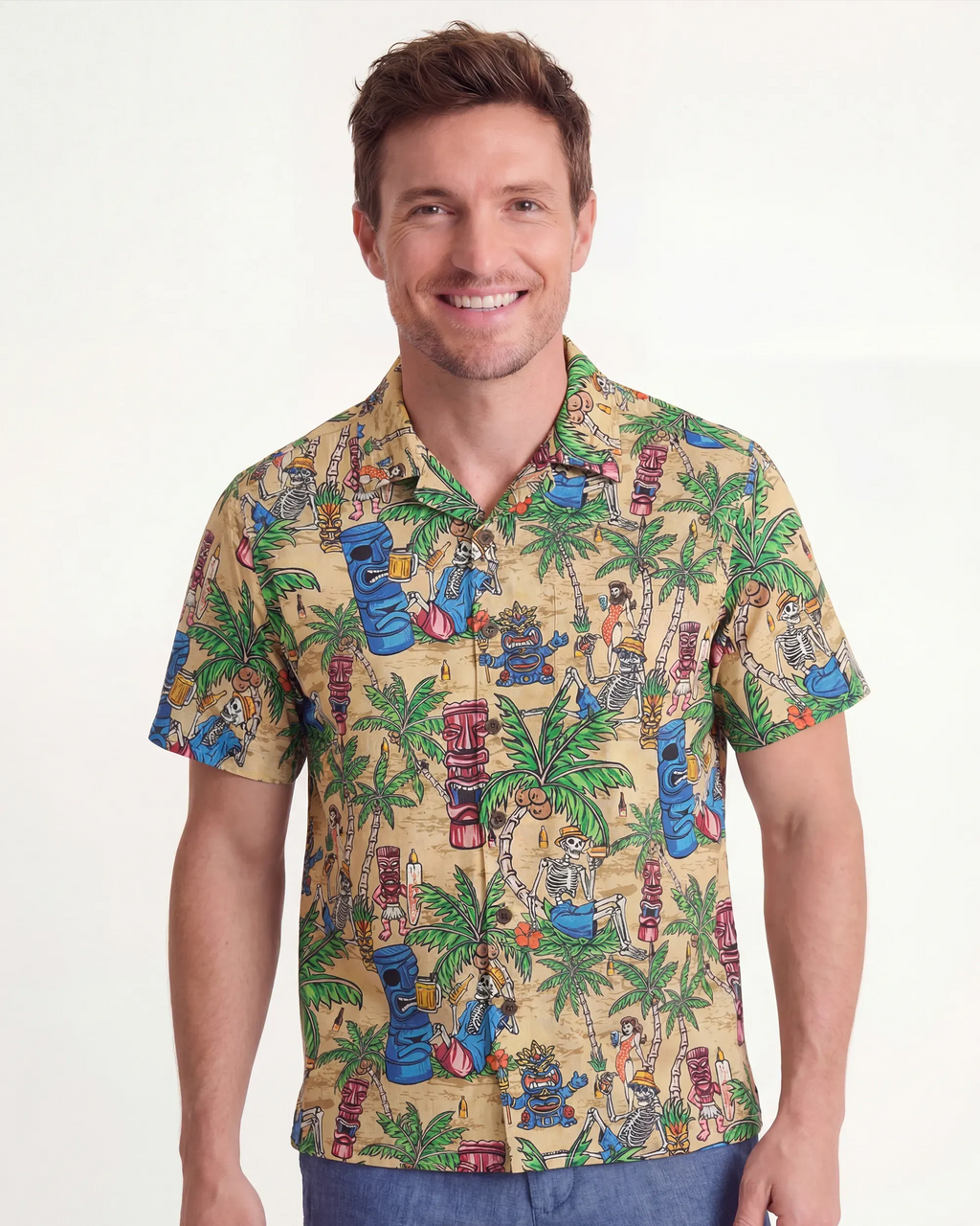 Men's Hawaiian Shirt Short Sleeve Camp Collar 100% Cotton Green Aloha Tiki Seaside Bash By Yana