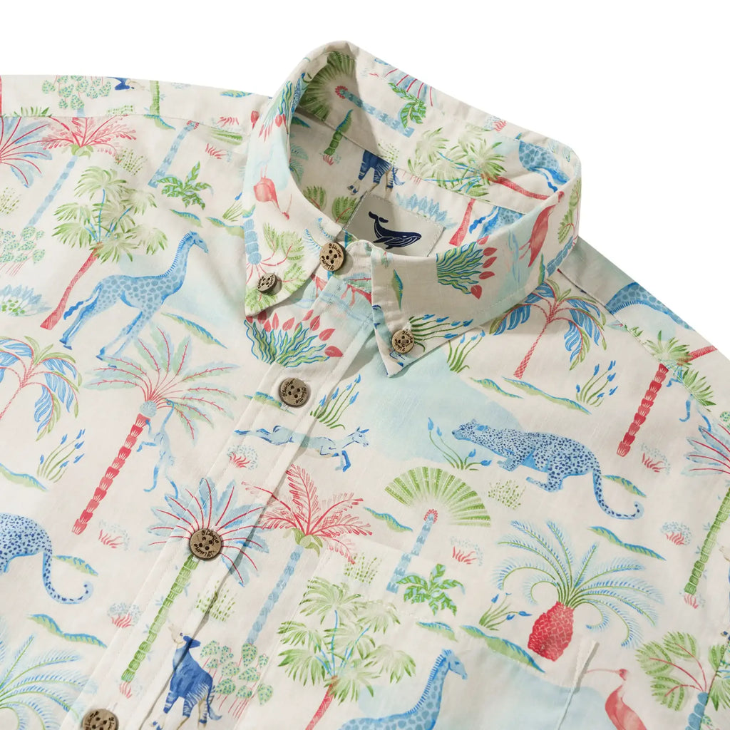 Men's Hawaiian Shirt Short Sleeve Button-down 100% Cotton Beige Aloha Talab Oasis Under The Palm Trees By House of Haricot