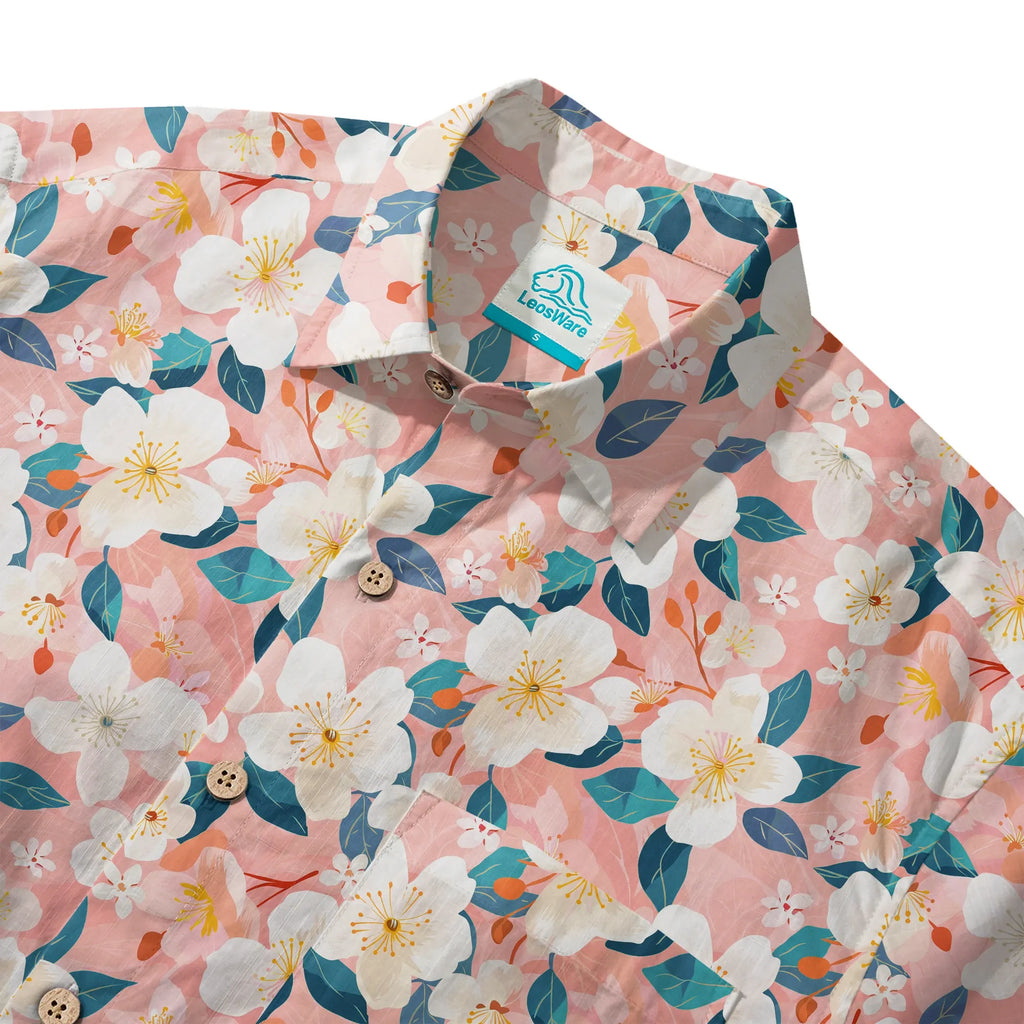 LeosWare® Men's Hawaiian Shirt Short Sleeve Button-up 100% Cotton Aloha Cherry Blossom Spring Delight By Ann