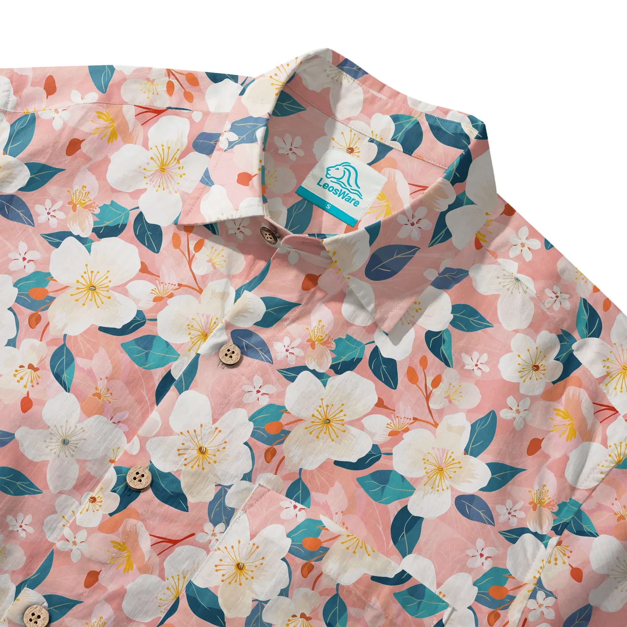 LeosWare® Men's Hawaiian Shirt Short Sleeve Button-up 100% Cotton Aloha Cherry Blossom Spring Delight By Ann