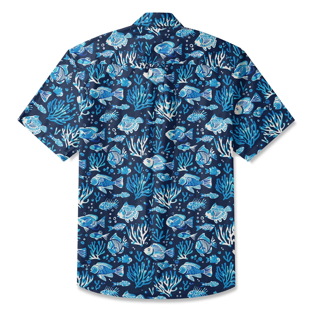 LeosWare® Men's Hawaiian Shirt Short Sleeve Button-up 100% Cotton Blue Coral Aloha Deep Blue Fish Whisper By Ann