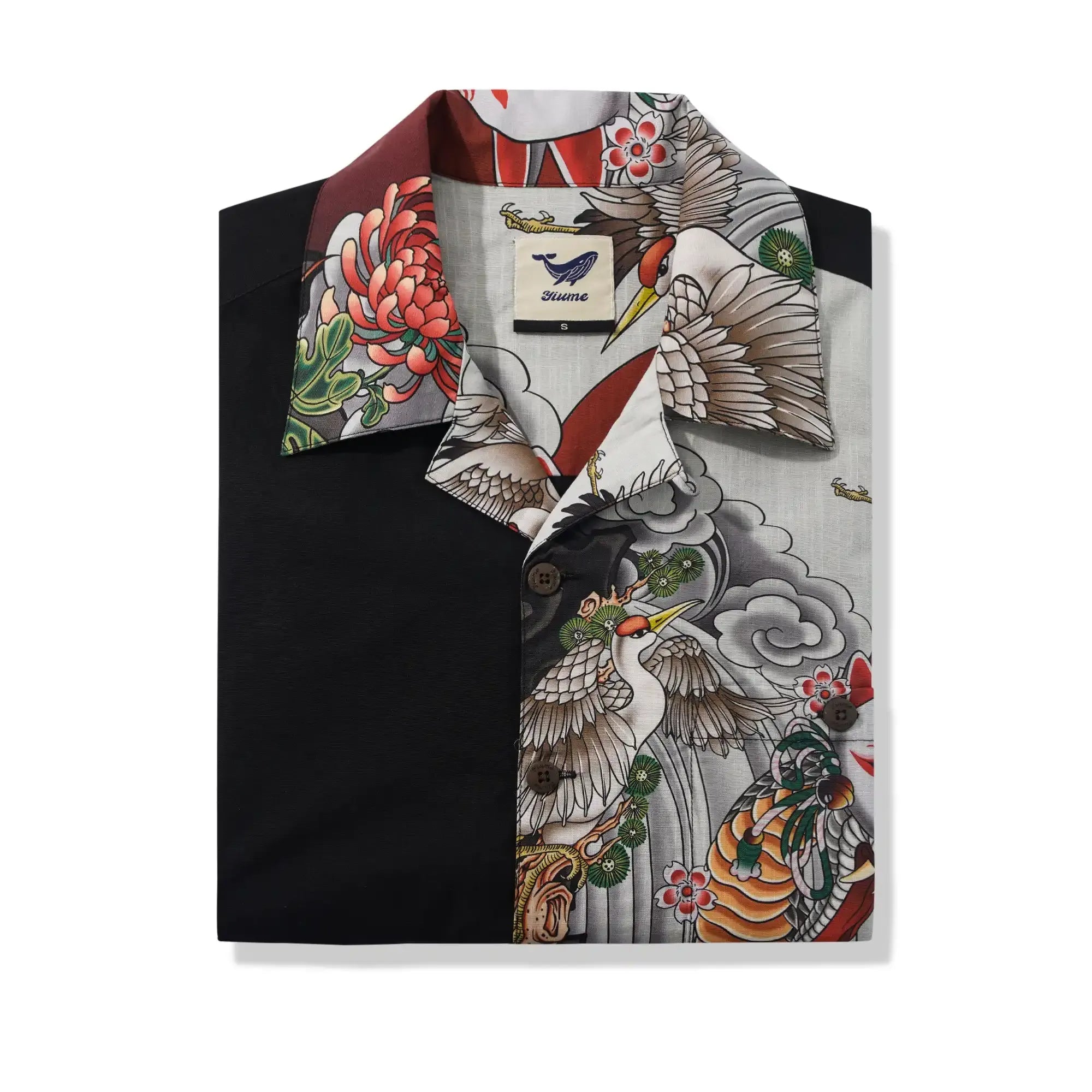 Chemise hawaïenne pour hommes à manches courtes, col camp, 100 % coton, masque Kitsune noir et coq Aloha, le mythe Edo par Huan huan