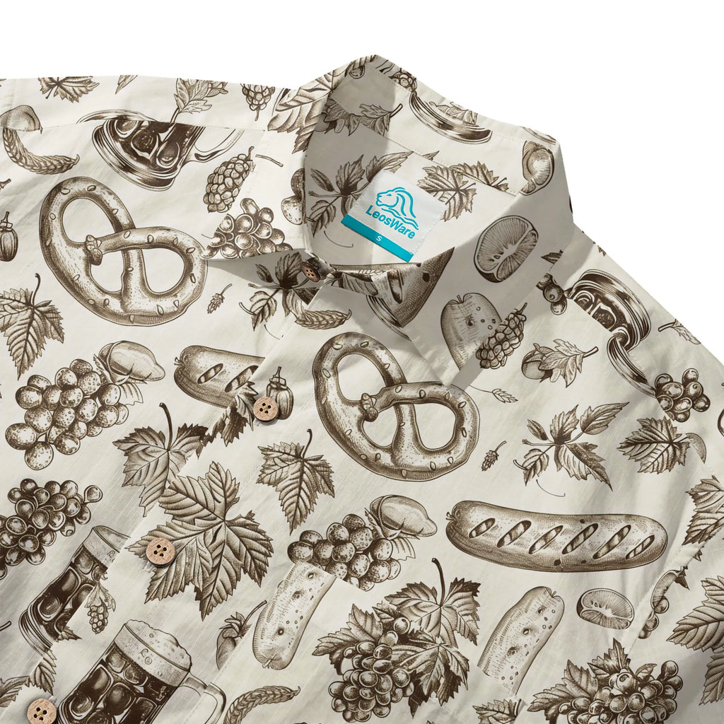 LeosWare® Men's Hawaiian Shirt Short Sleeve Button-up 100% Cotton Beige Aloha Vintage Oktoberfest Sketch By Ann