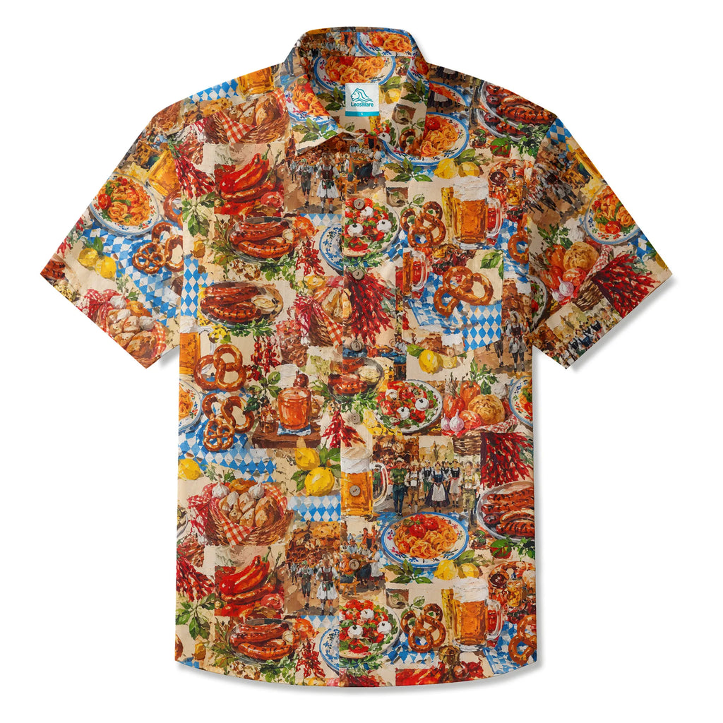 LeosWare® Men's Hawaiian Shirt Short Sleeve Button-up 100% Cotton Red Aloha Oil Painting Beer Festival Revelry By Ann