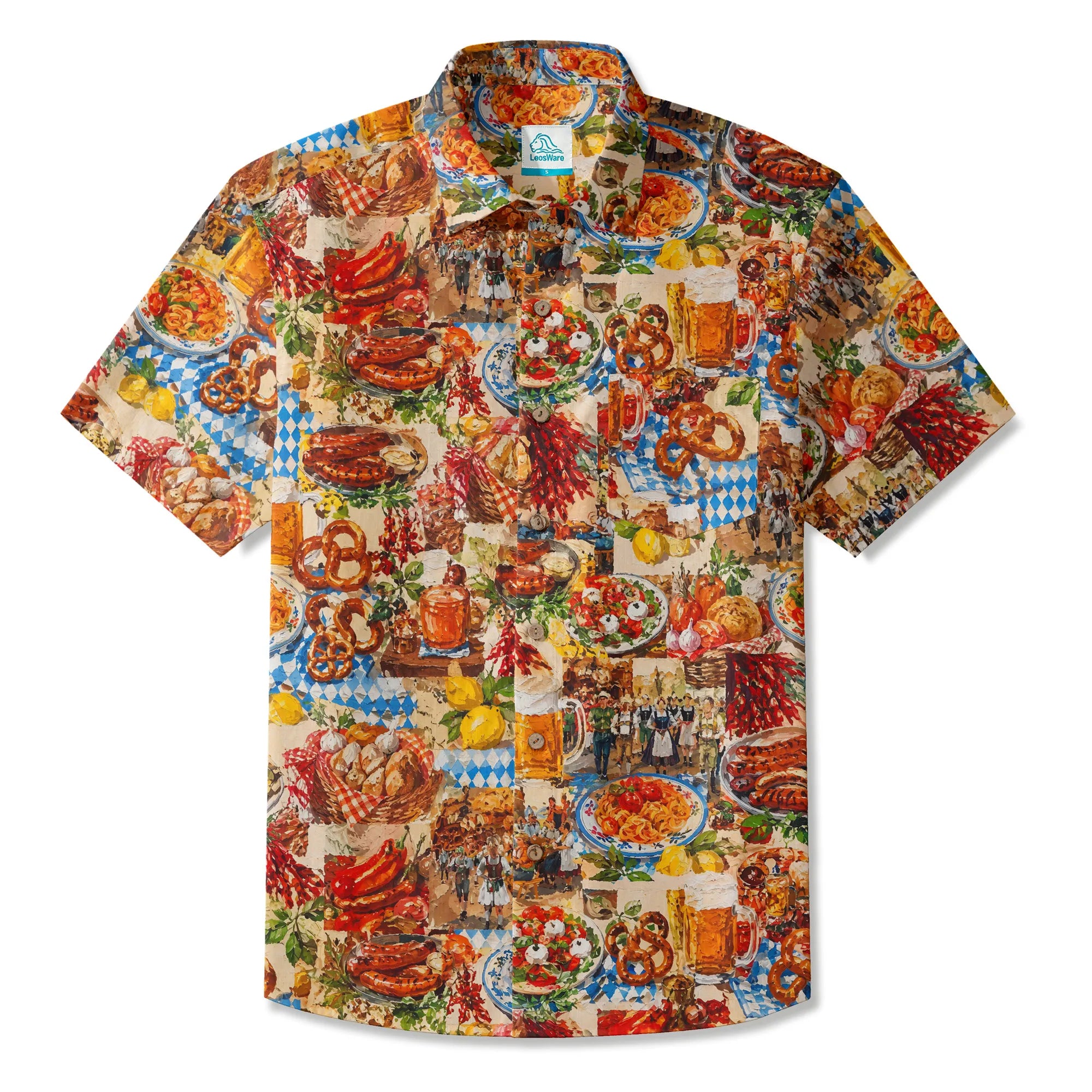 LeosWare® Men's Hawaiian Shirt Short Sleeve Button-up 100% Cotton Red Aloha Oil Painting Beer Festival Revelry By Ann