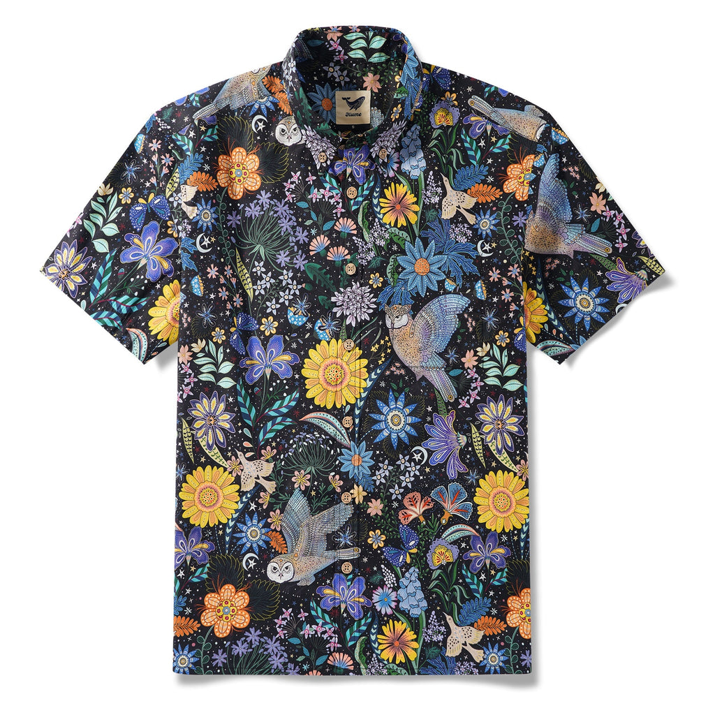 Men's Hawaiian Shirt Short Sleeve Button-down 100% Cotton Beige Aloha Owl's Secret Garden By Huan huan