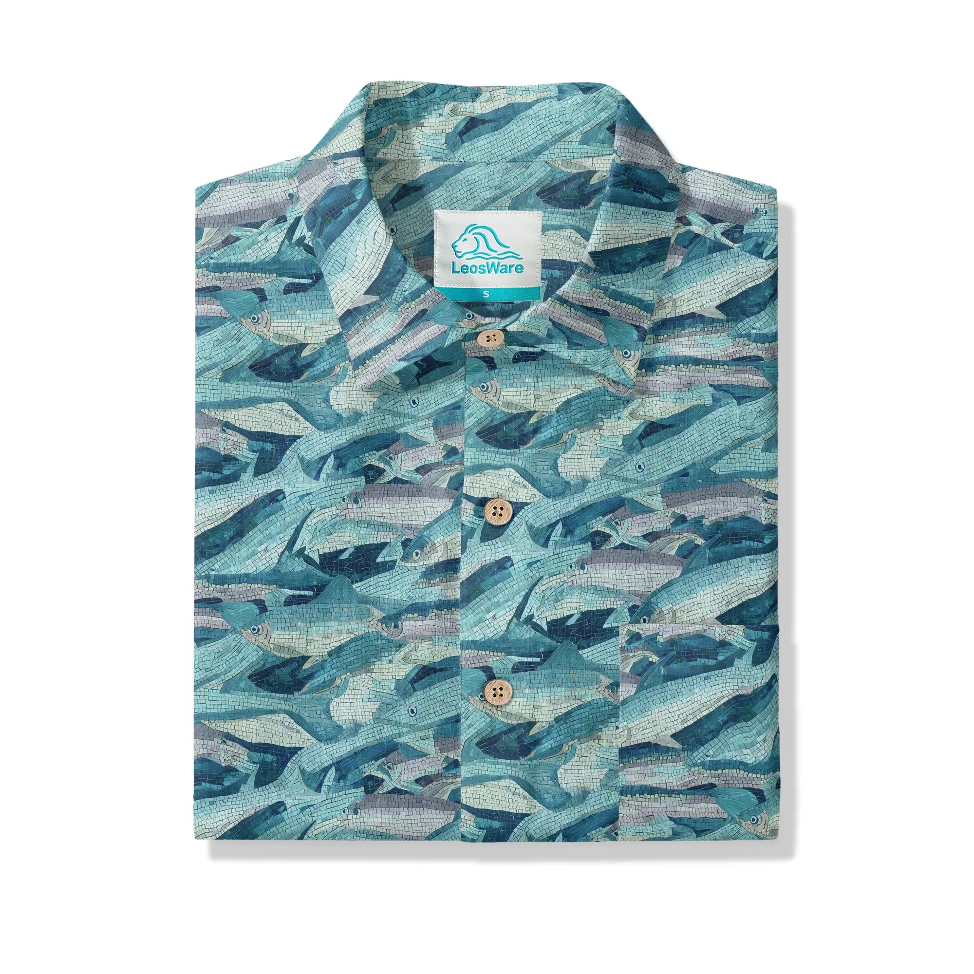 LeosWare® Men's Hawaiian Shirt Short Sleeve Button-up 100% Cotton Blue Aloha Mosaic Of Blue School Of Fish By Ann