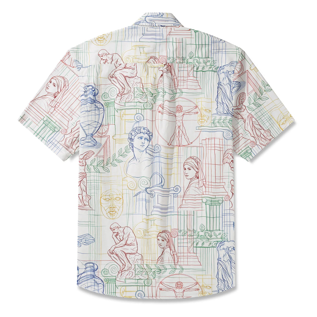 LeosWare® Men's Hawaiian Shirt Short Sleeve Button-up 100% Cotton White Aloha Renaissance Outline Sketches By Ann