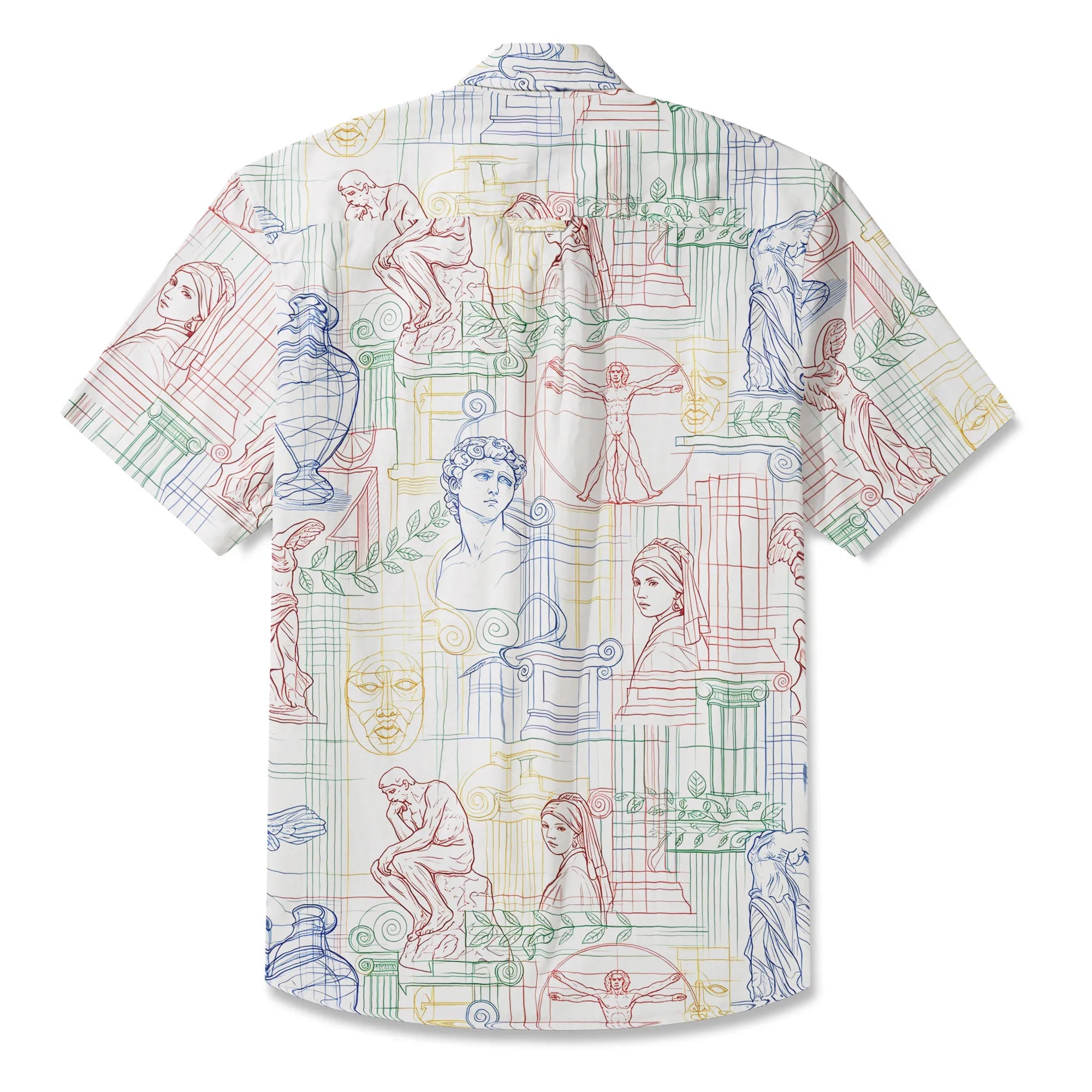 LeosWare® Men's Hawaiian Shirt Short Sleeve Button-up 100% Cotton White Aloha Renaissance Outline Sketches By Ann