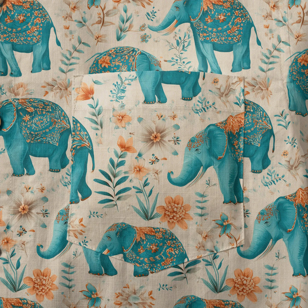 Elephant LeosWare® Men's Hawaiian Shirt Short Sleeve Button-up 100% Cotton Beige Aloha Blue Elephant Blossoms By Ann