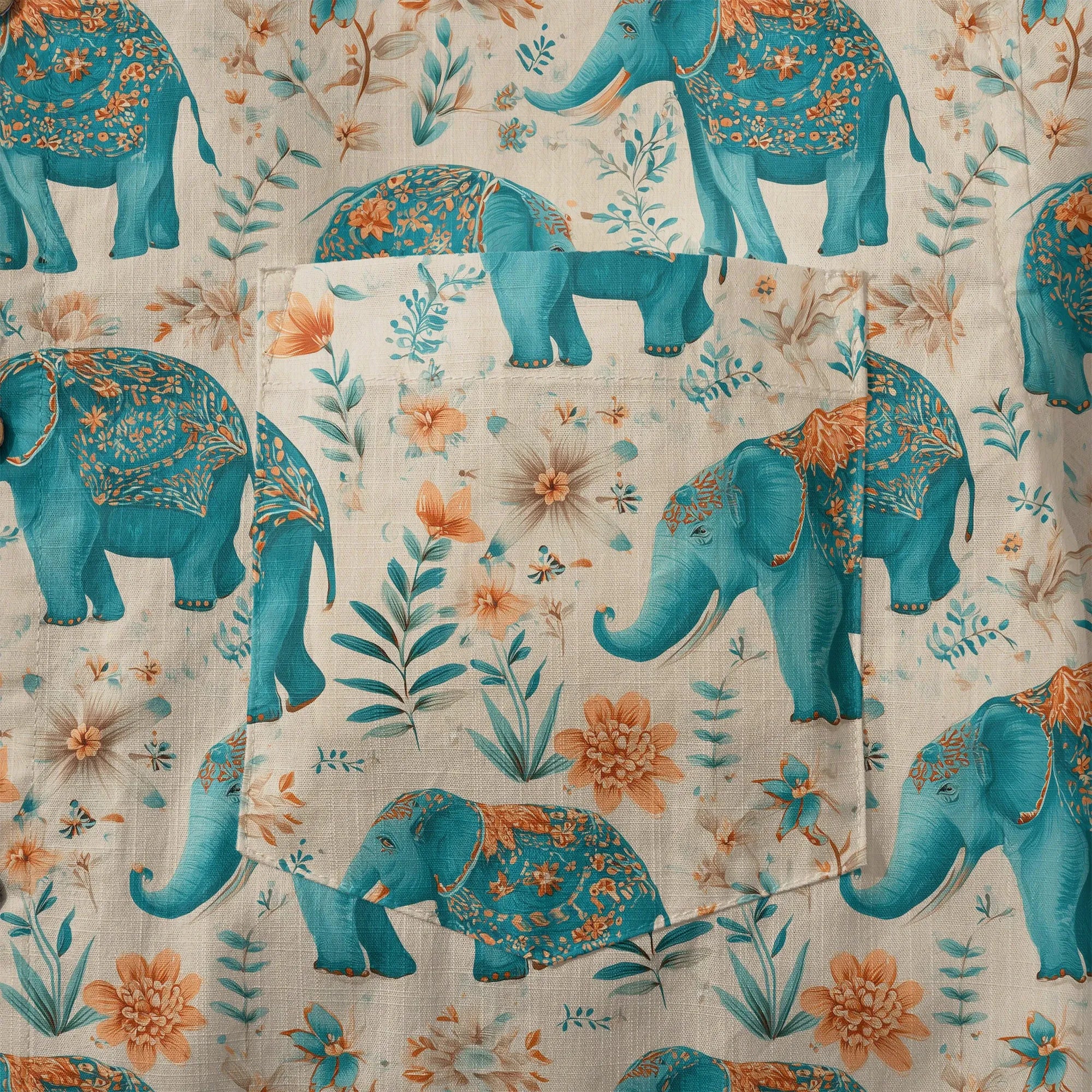 Elephant LeosWare® Men's Hawaiian Shirt Short Sleeve Button-up 100% Cotton Beige Aloha Blue Elephant Blossoms By Ann