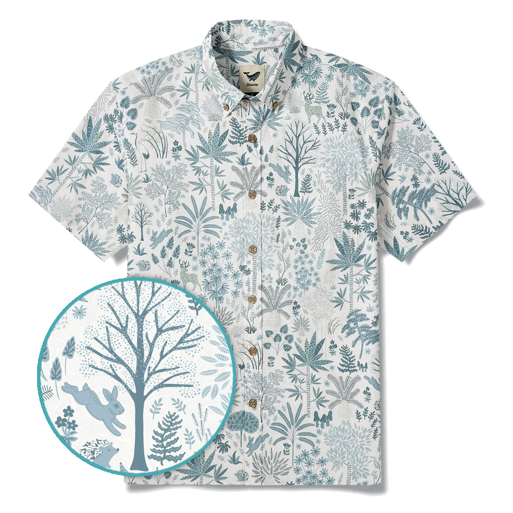 Men's Hawaiian Shirt Short Sleeve Button-down 100% Cotton Blue Aloha Whispering Forest Tales By Cigar